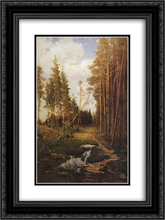 Glade in a pine forest 18x24 Black Ornate Wood Framed Art Print Poster with Double Matting by Savrasov, Aleksey