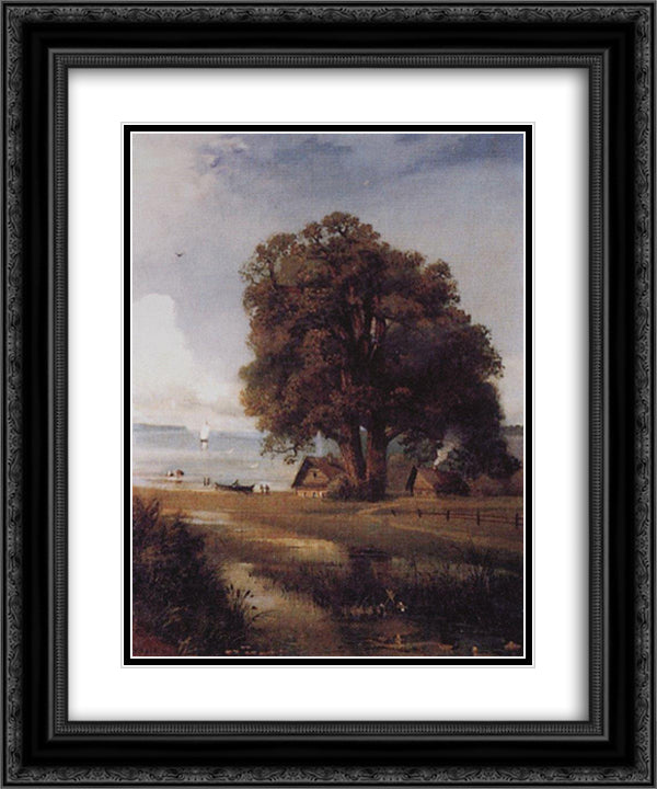 Landscape with a farm near Lake 20x24 Black Ornate Wood Framed Art Print Poster with Double Matting by Savrasov, Aleksey