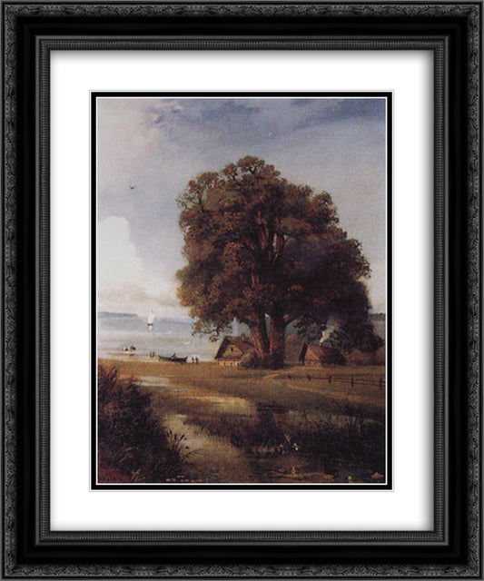 Landscape with a farm near Lake 20x24 Black Ornate Wood Framed Art Print Poster with Double Matting by Savrasov, Aleksey