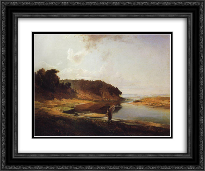 Landscape with a River and an Angler 24x20 Black Ornate Wood Framed Art Print Poster with Double Matting by Savrasov, Aleksey