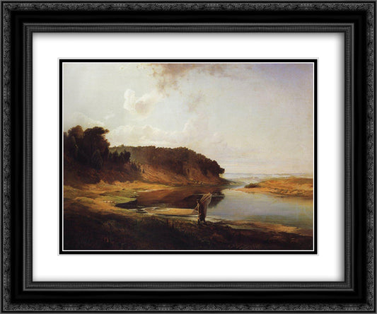 Landscape with a River and an Angler 24x20 Black Ornate Wood Framed Art Print Poster with Double Matting by Savrasov, Aleksey