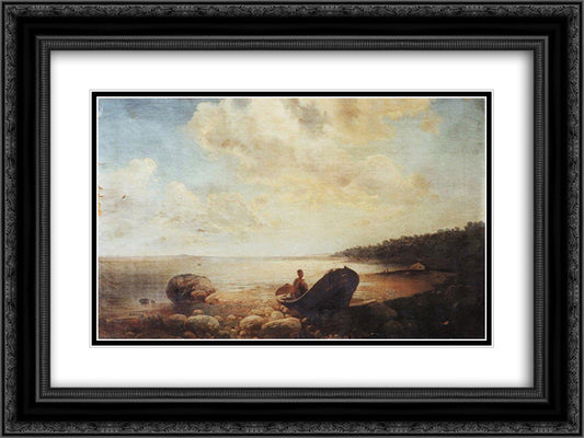 Landscape with boat 24x18 Black Ornate Wood Framed Art Print Poster with Double Matting by Savrasov, Aleksey