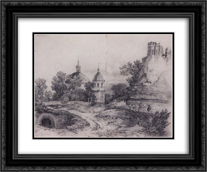 Landscape with Church and the ruins 24x20 Black Ornate Wood Framed Art Print Poster with Double Matting by Savrasov, Aleksey