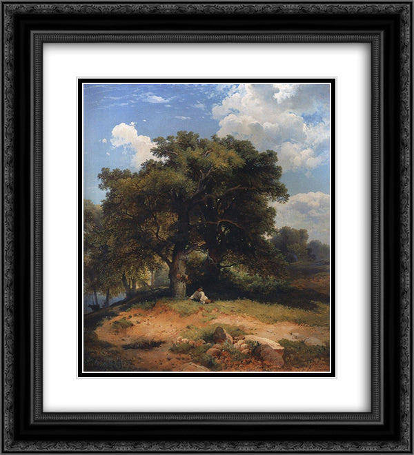 Landscape with oak trees and shepherd 20x22 Black Ornate Wood Framed Art Print Poster with Double Matting by Savrasov, Aleksey