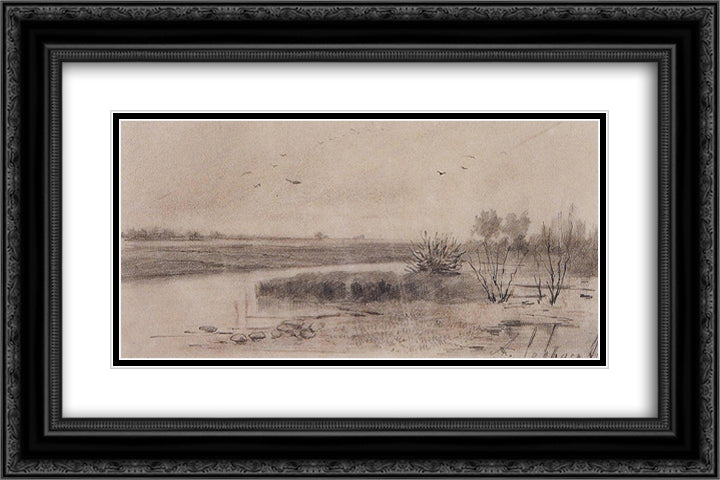 Marshy river 24x16 Black Ornate Wood Framed Art Print Poster with Double Matting by Savrasov, Aleksey