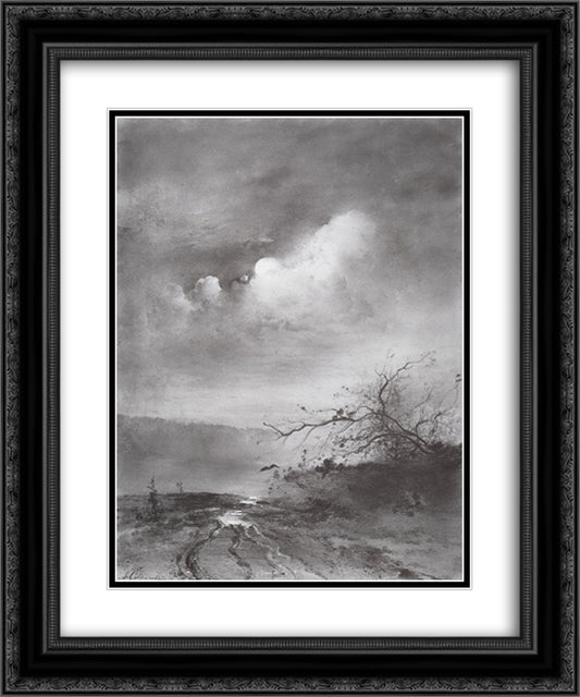 Moonlit Night on the River 20x24 Black Ornate Wood Framed Art Print Poster with Double Matting by Savrasov, Aleksey