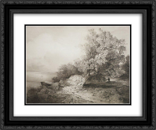 Old oak tree at the cliff above the river 24x20 Black Ornate Wood Framed Art Print Poster with Double Matting by Savrasov, Aleksey