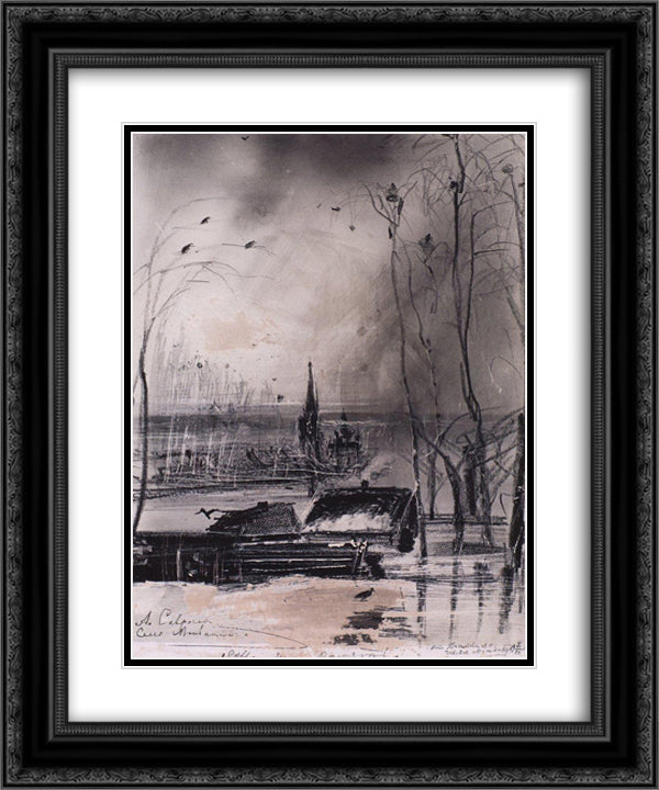 Rooks arrived. Landscape with Church 20x24 Black Ornate Wood Framed Art Print Poster with Double Matting by Savrasov, Aleksey