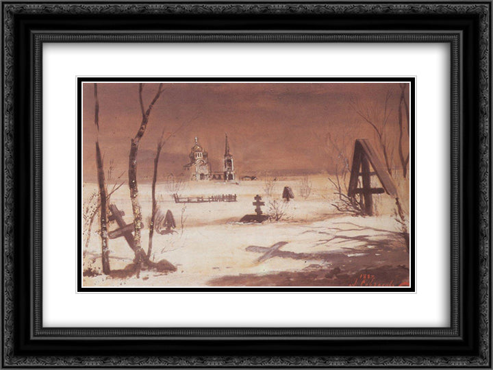 Rural cemetery in the moonlight 24x18 Black Ornate Wood Framed Art Print Poster with Double Matting by Savrasov, Aleksey