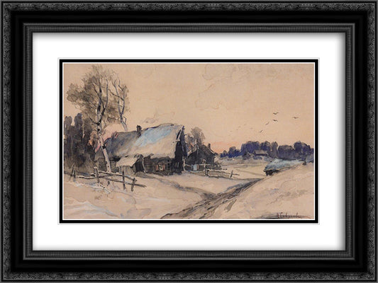 The village in winter 24x18 Black Ornate Wood Framed Art Print Poster with Double Matting by Savrasov, Aleksey