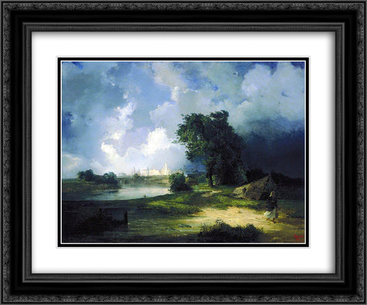 View of the Kremlin from the Krimsky Bridge in Inclement Weather 24x20 Black Ornate Wood Framed Art Print Poster with Double Matting by Savrasov, Aleksey