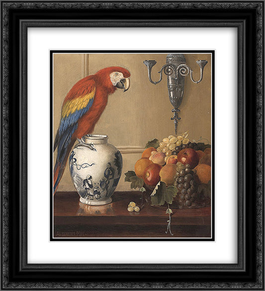 Still life of Macaw, Chinese Vase and Fruit 20x22 Black Ornate Wood Framed Art Print Poster with Double Matting by Pope, Alexander