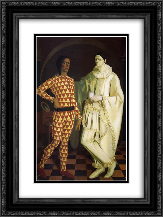 Self-Portraits (Harlequin and Pierrot) - with Vasiliy Shukhaev 18x24 Black Ornate Wood Framed Art Print Poster with Double Matting by Jacovleff, Alexandre