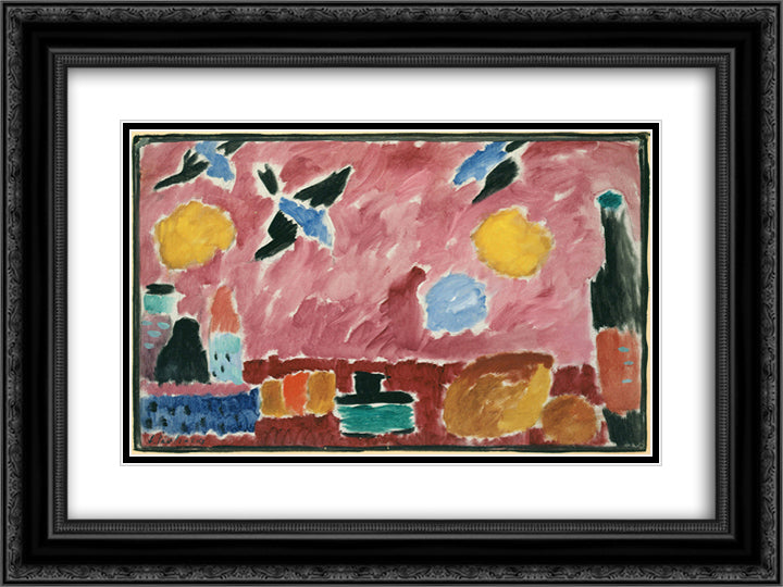 Still Life with Bottle, Bread and red Wallpaper with Swallows 24x18 Black Ornate Wood Framed Art Print Poster with Double Matting by von Jawlensky, Alexej