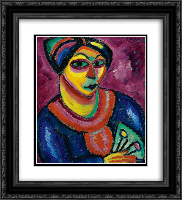 Woman with a green fan 20x22 Black Ornate Wood Framed Art Print Poster with Double Matting by von Jawlensky, Alexej