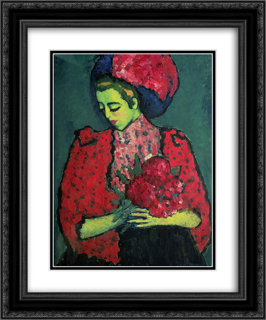 Young Girl with Peonies 20x24 Black Ornate Wood Framed Art Print Poster with Double Matting by von Jawlensky, Alexej