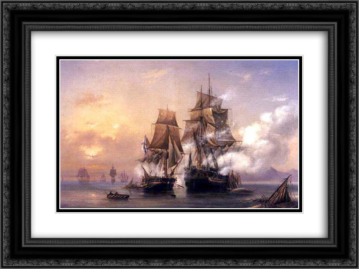 Capturing of Swedish 44 gun frigate Venus by Russian 22 gun cutter Merkuriy of June 1, 1789 24x18 Black Ornate Wood Framed Art Print Poster with Double Matting by Bogolyubov, Alexey
