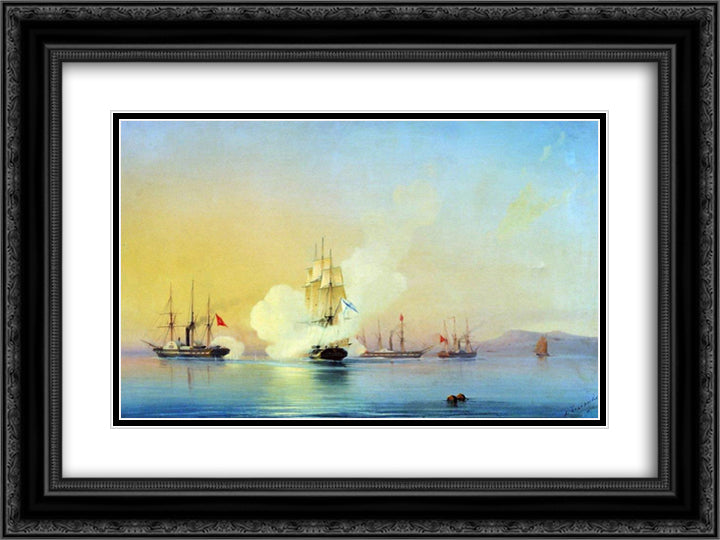 The battle of fregate Flora against Turkish steamships near Pitsunda November, 11 1853 24x18 Black Ornate Wood Framed Art Print Poster with Double Matting by Bogolyubov, Alexey