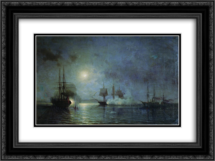 Turkish steamships attack 44 gun fregate Flora 24x18 Black Ornate Wood Framed Art Print Poster with Double Matting by Bogolyubov, Alexey