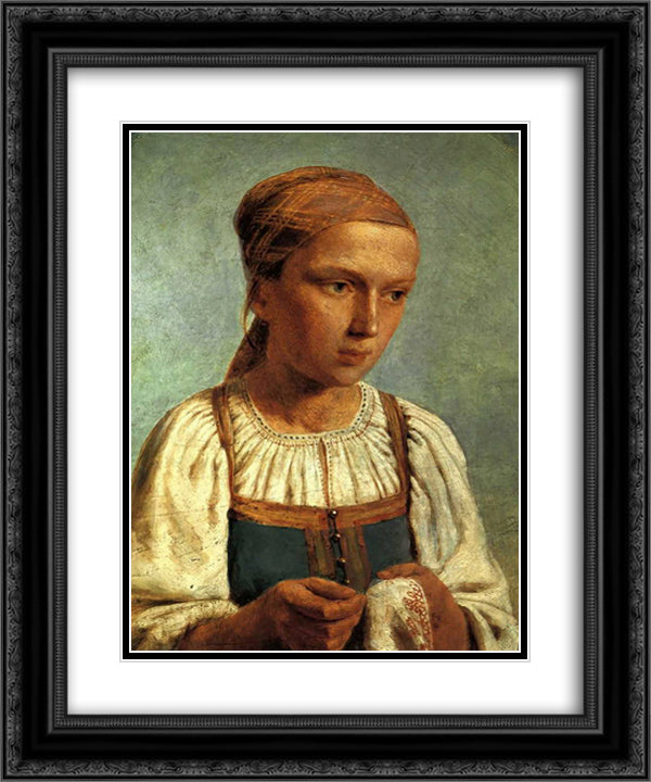 A Peasant Girl with Embroidery 20x24 Black Ornate Wood Framed Art Print Poster with Double Matting by Venetsianov, Alexey
