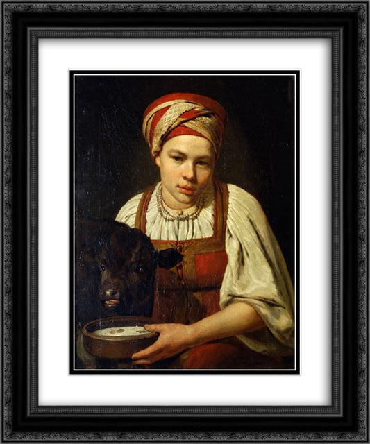 A Peasant Girl with a Calf 20x24 Black Ornate Wood Framed Art Print Poster with Double Matting by Venetsianov, Alexey