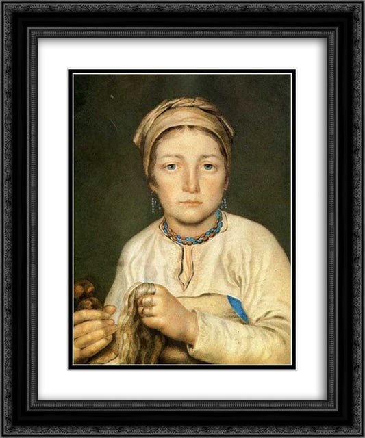 A Peasant Woman, Combing Flax (Anisia) 20x24 Black Ornate Wood Framed Art Print Poster with Double Matting by Venetsianov, Alexey