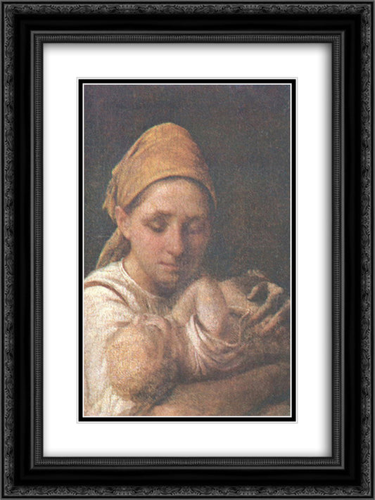 A Peasant Woman with a Child 18x24 Black Ornate Wood Framed Art Print Poster with Double Matting by Venetsianov, Alexey