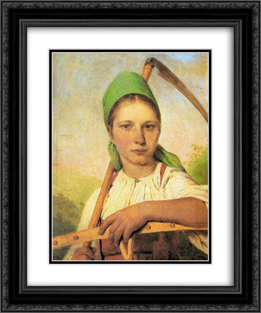A Peasant Woman with Scythe and Rake 20x24 Black Ornate Wood Framed Art Print Poster with Double Matting by Venetsianov, Alexey