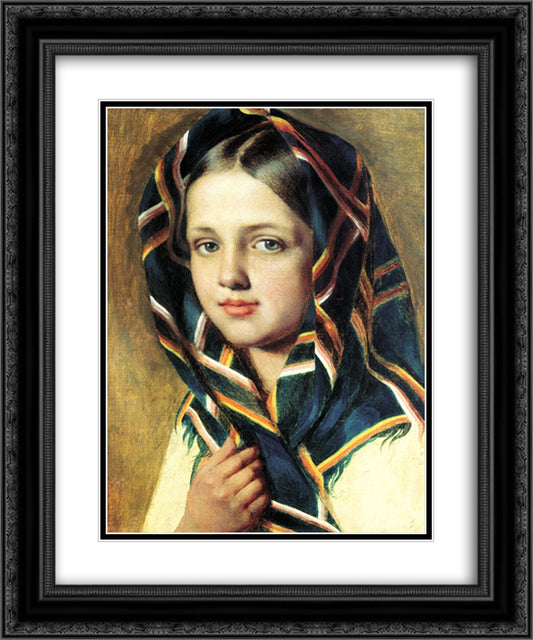 Girl in a Kerchief 20x24 Black Ornate Wood Framed Art Print Poster with Double Matting by Venetsianov, Alexey