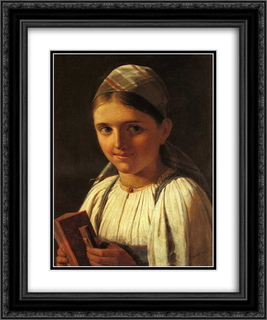 Girl with Accordion 20x24 Black Ornate Wood Framed Art Print Poster with Double Matting by Venetsianov, Alexey