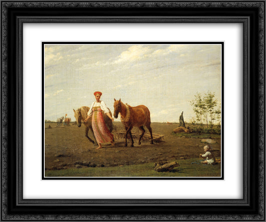 In the Fields. Spring 24x20 Black Ornate Wood Framed Art Print Poster with Double Matting by Venetsianov, Alexey