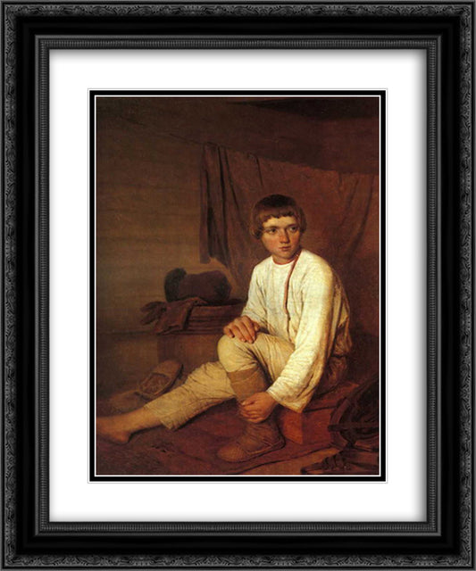 Peasant Boy Putting on Bast Sandals 20x24 Black Ornate Wood Framed Art Print Poster with Double Matting by Venetsianov, Alexey
