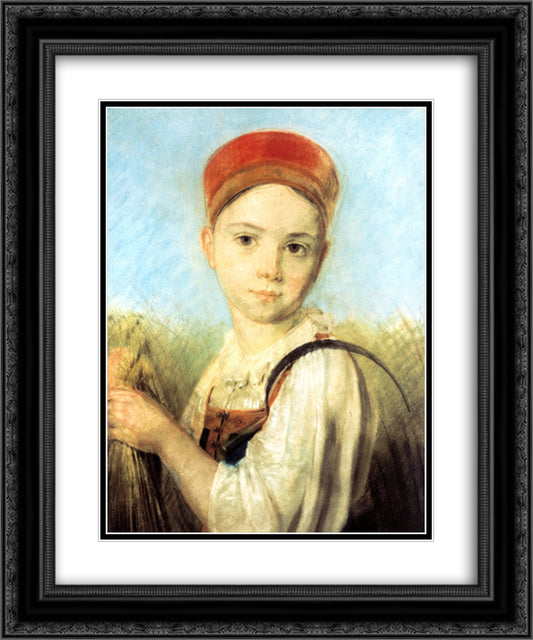 Peasant Girl with a Sickle in the Rye 20x24 Black Ornate Wood Framed Art Print Poster with Double Matting by Venetsianov, Alexey