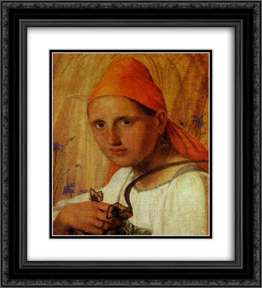 Peasant Girl with Butterflies 20x22 Black Ornate Wood Framed Art Print Poster with Double Matting by Venetsianov, Alexey