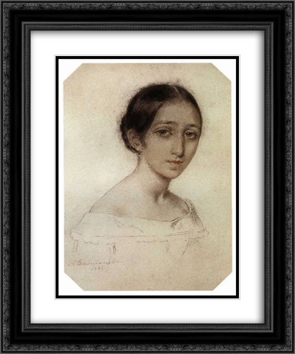 Portrait of a Girl 20x24 Black Ornate Wood Framed Art Print Poster with Double Matting by Venetsianov, Alexey
