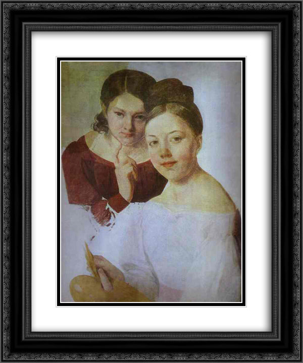 Portrait of Artist's Daughters Alexandra and Felisata 20x24 Black Ornate Wood Framed Art Print Poster with Double Matting by Venetsianov, Alexey