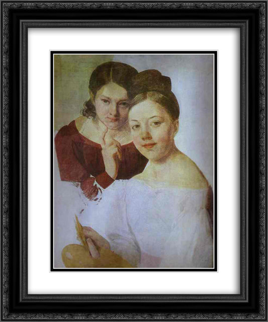 Portrait of Artist's Daughters Alexandra and Felisata 20x24 Black Ornate Wood Framed Art Print Poster with Double Matting by Venetsianov, Alexey
