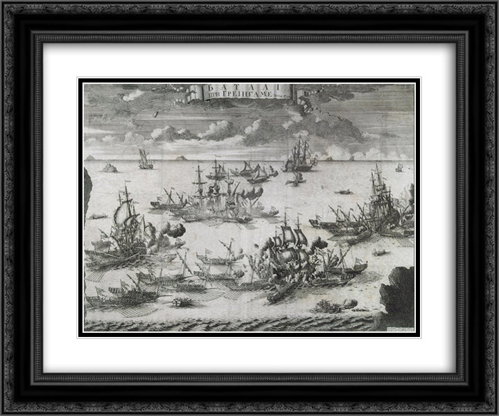 The Battle of Grengam, June 27 1720 24x20 Black Ornate Wood Framed Art Print Poster with Double Matting by Zubov, Alexey