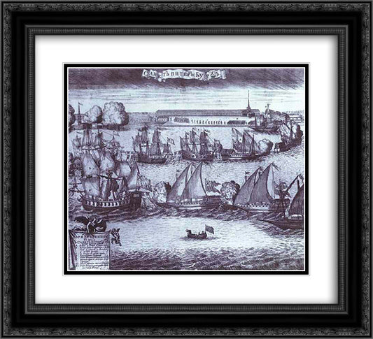 The Bringing of 4 Swedish Frigates in St. Petersburg after the Victory in the Battle of Grengam September 8 1720 22x20 Black Ornate Wood Framed Art Print Poster with Double Matting by Zubov, Alexey