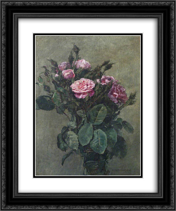 A Bunch of London Market Garden Moss Roses 20x24 Black Ornate Wood Framed Art Print Poster with Double Matting by Parsons, Alfred
