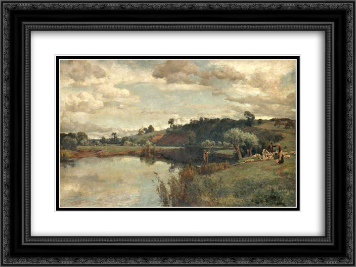 River Scene with a Shepherd and Sheep by a Ferry 24x18 Black Ornate Wood Framed Art Print Poster with Double Matting by Parsons, Alfred