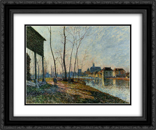 A February Morning at Moret sur Loing 24x20 Black Ornate Wood Framed Art Print Poster with Double Matting by Sisley, Alfred