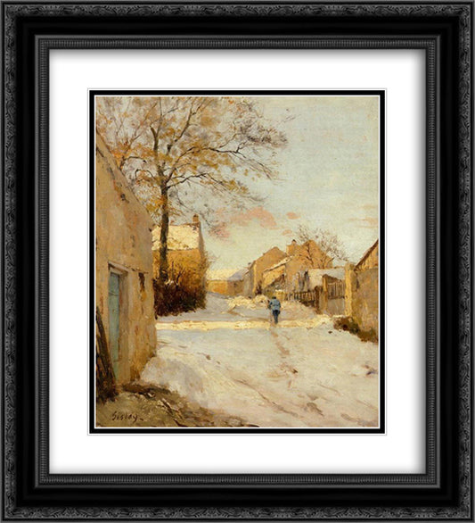 A Village Street in Winter 20x22 Black Ornate Wood Framed Art Print Poster with Double Matting by Sisley, Alfred