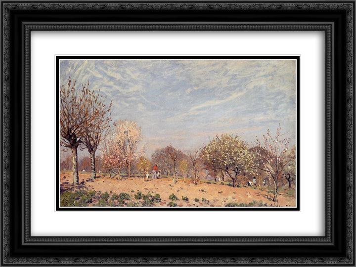 Apple Trees in Flower, Spring Morning (Pommiers en Fleurs Louveciennes) 24x18 Black Ornate Wood Framed Art Print Poster with Double Matting by Sisley, Alfred