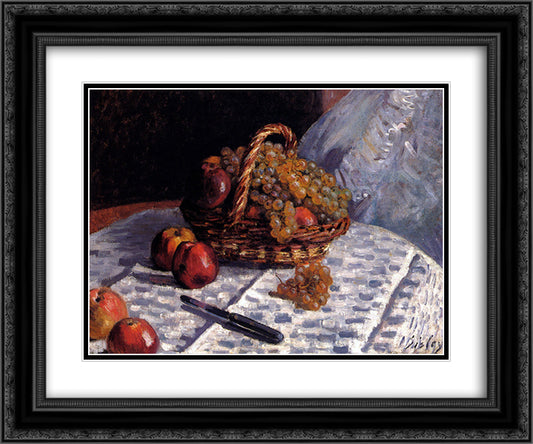 Apples and Grapes in a Basket 24x20 Black Ornate Wood Framed Art Print Poster with Double Matting by Sisley, Alfred