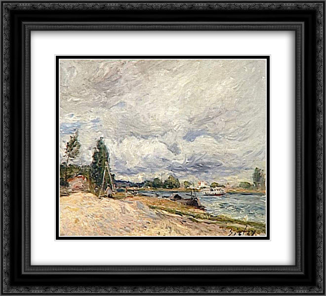 Banks of the Seine 22x20 Black Ornate Wood Framed Art Print Poster with Double Matting by Sisley, Alfred