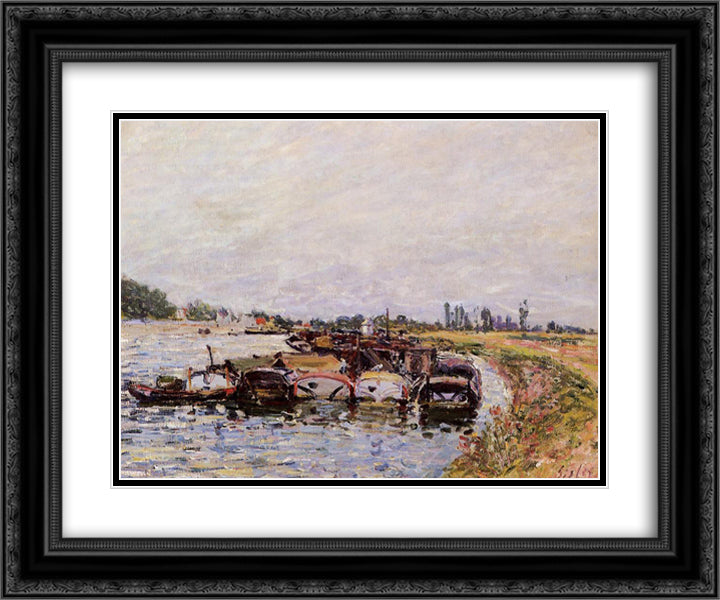 Barge Garage at Saint Mammes 24x20 Black Ornate Wood Framed Art Print Poster with Double Matting by Sisley, Alfred