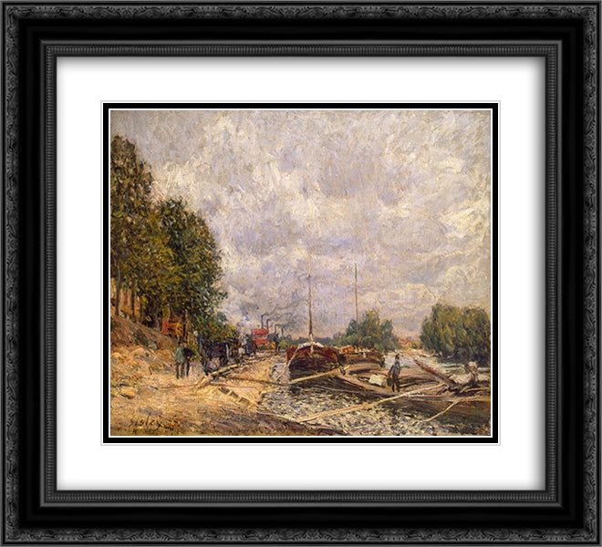 Barges at Billancourt 22x20 Black Ornate Wood Framed Art Print Poster with Double Matting by Sisley, Alfred