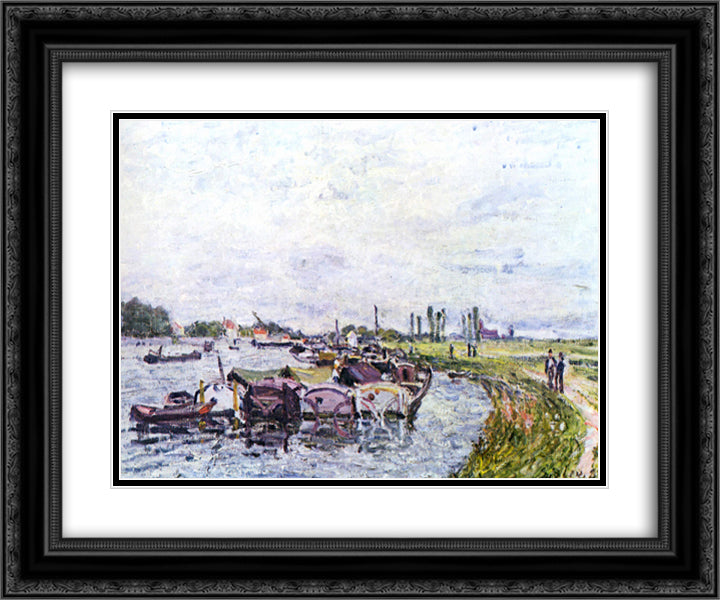 Barges at Saint Mammes 24x20 Black Ornate Wood Framed Art Print Poster with Double Matting by Sisley, Alfred