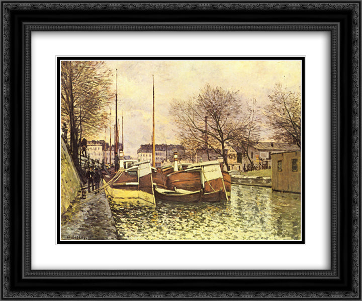 Barges on the Canal Saint Martin in Paris 24x20 Black Ornate Wood Framed Art Print Poster with Double Matting by Sisley, Alfred